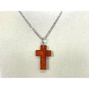 Sterling Silver Chain with Amber Cross Pendant Necklace 24in